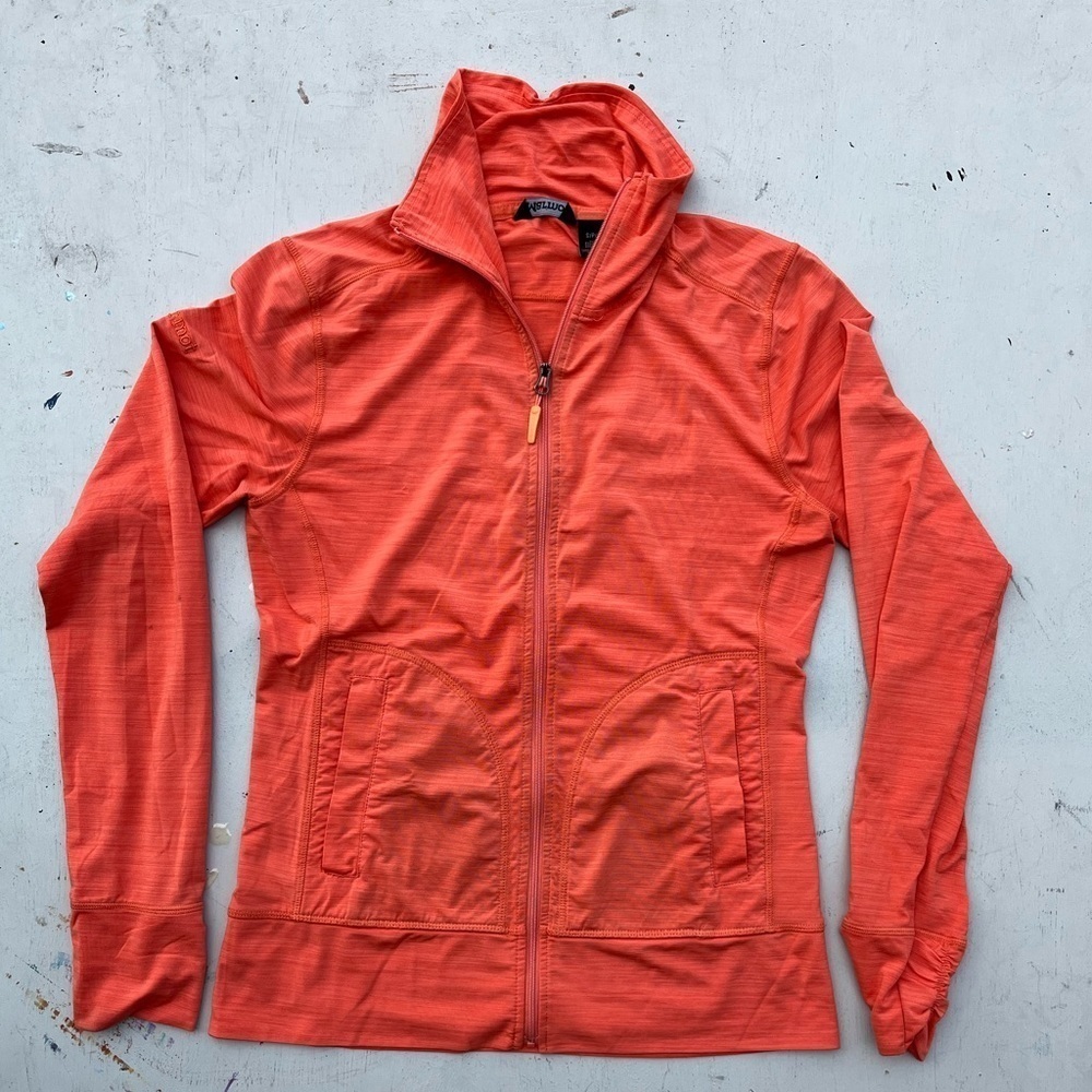Women's Marmot Top Peach Orange Solid LS Full Zip S Active Stretch Run Hike Gymā